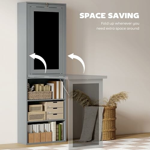 Space-saving foldable shelf with storage baskets and a fold-out desk.