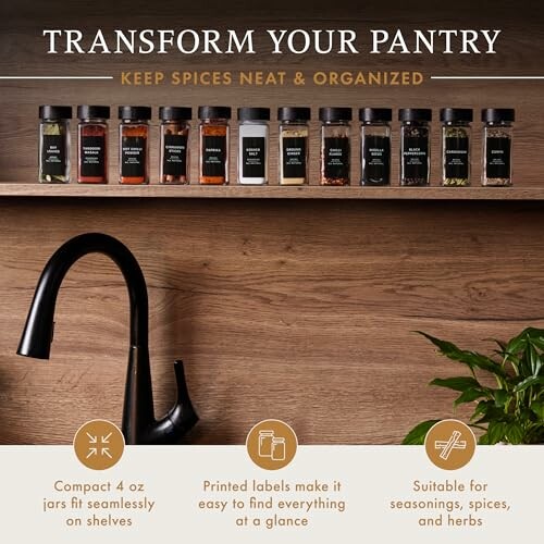 Organized spice jars on a shelf above a kitchen sink.