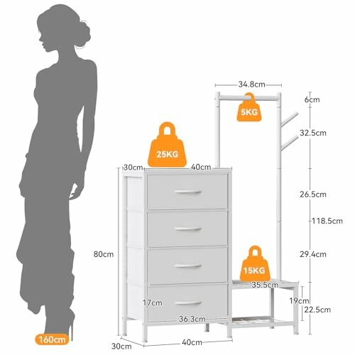 Storage unit with dimensions and weight capacity shown.