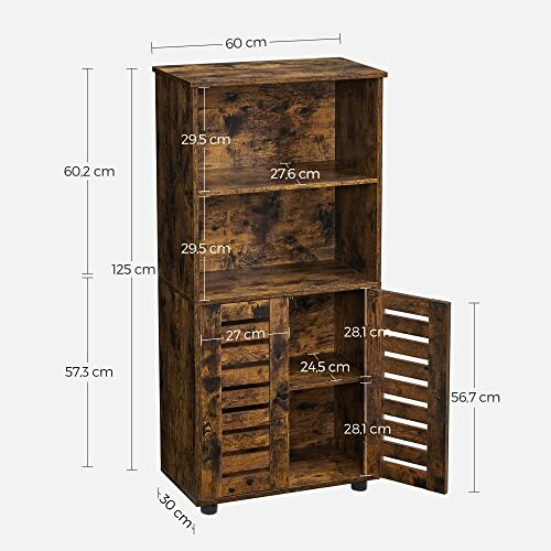 Tall wooden cabinet with open shelves and slatted door, dimensions labeled.