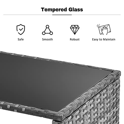 Tempered glass table surface with icons for safety, smoothness, robustness, and easy maintenance.