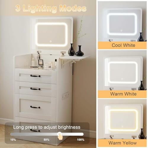 Vanity with mirror showcasing three lighting modes: cool white, warm white, and warm yellow.
