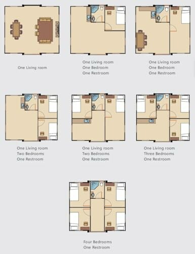 Illustration of different apartment floor plans with one to four bedrooms.
