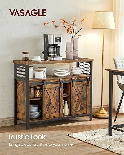 Rustic sideboard with coffee maker and decorative items.