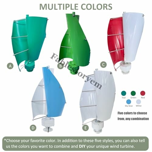 Five vertical wind turbines in different colors: teal, green, red, sky blue, and white.