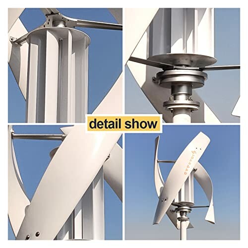 Close-up details of a vertical wind turbine against a blue sky.