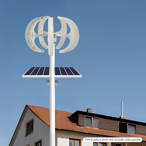 Vertical wind turbine with solar panel on rooftop against blue sky.
