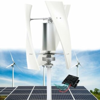 Vertical wind turbine with solar panels and controller.