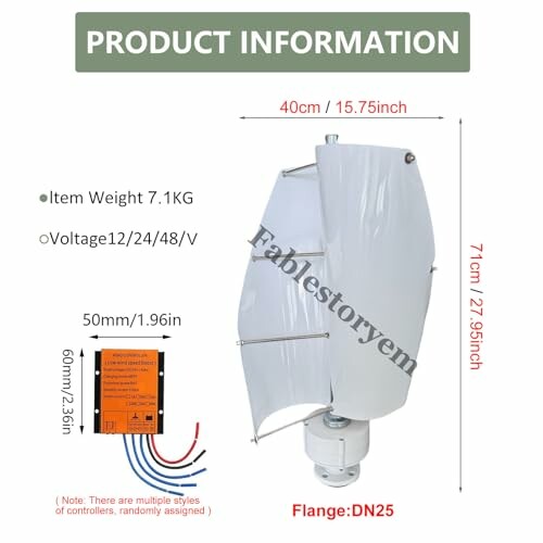 Vertical wind turbine specifications with dimensions and voltage details.