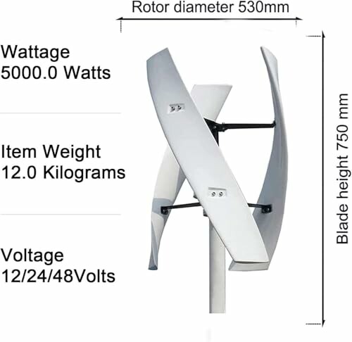 Vertical wind turbine with specifications including 5000 Watts, 12.0 Kilograms weight, and 12/24/48 Volts.