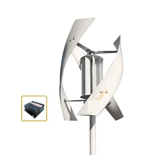 Vertical axis wind turbine with control box.