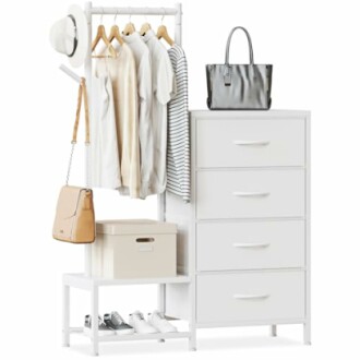 White dresser with four drawers and a clothing rack with shirts and accessories.