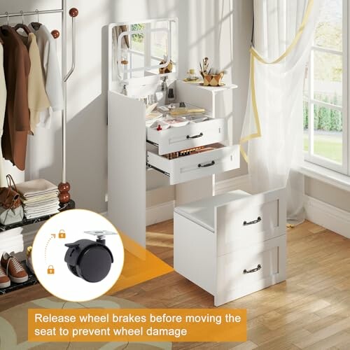 White vanity set with mirror, drawers, and cushioned stool in a well-lit room.