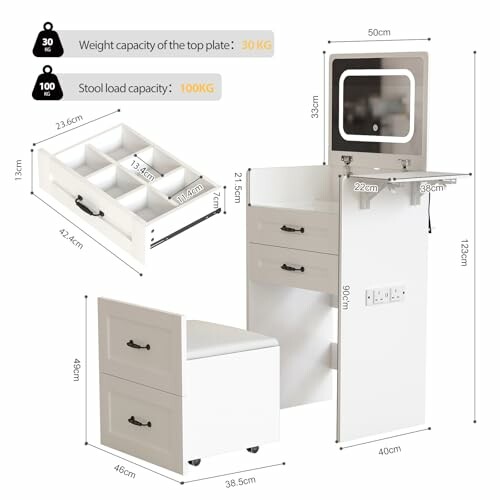 White vanity table with stool showing dimensions and weight capacities.