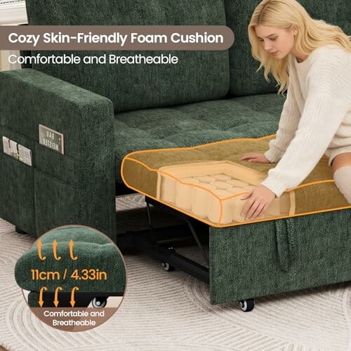 Woman adjusting a skin-friendly foam cushion on a green sofa.