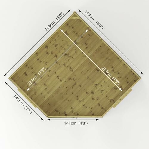 Diagram of a wooden deck with dimensions labeled.