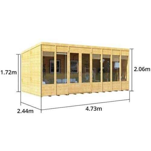 Wooden garden room with dimensions labeled.