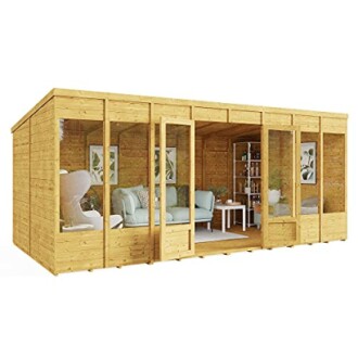 Spacious wooden garden room with glass doors and comfortable furnishings.