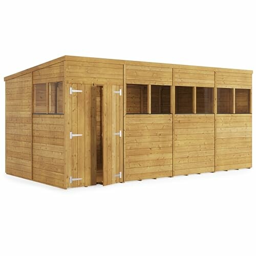 Large wooden garden shed with windows and door