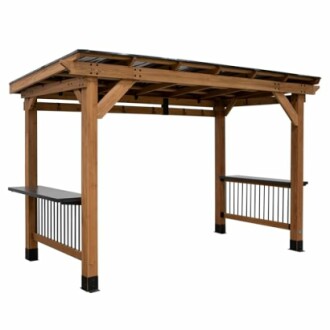 Wooden outdoor gazebo with shelves and metal roof.